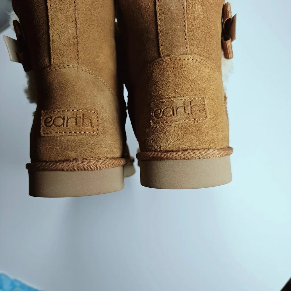 Earth Worldly Medium Brown‎ Faux Fur Lined Ankle Boots with Side Bow Womens 9 M